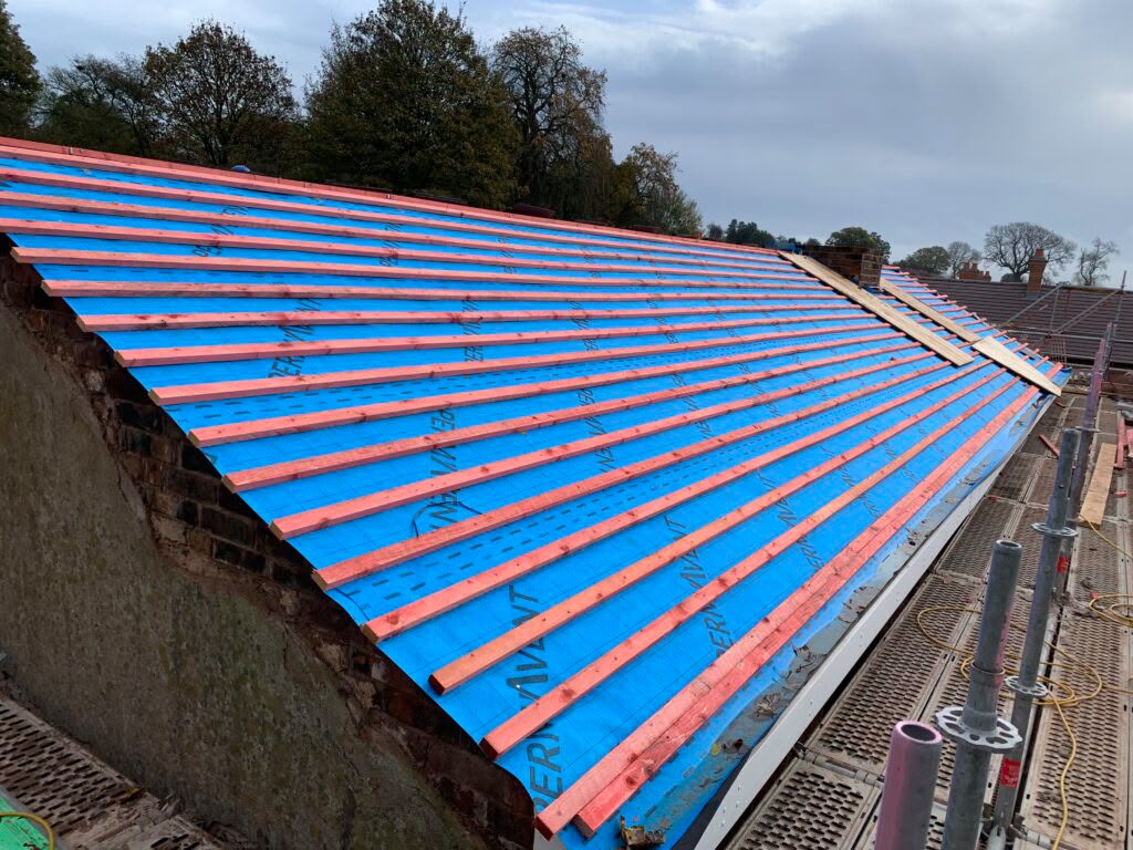 Blue roofing membrane with timber battens